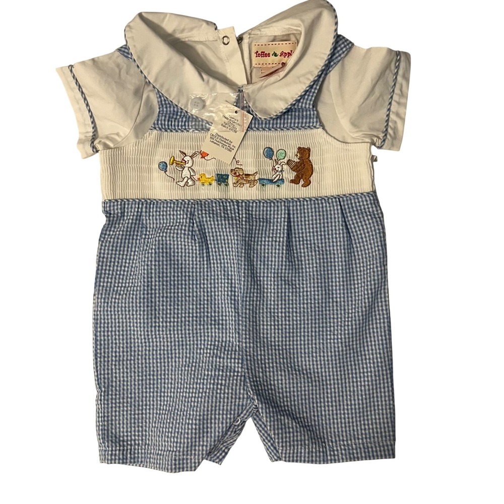 NWT Toffee Apple Gingham Smocked Animal Parade Romper Jon Jon 12 months NEW